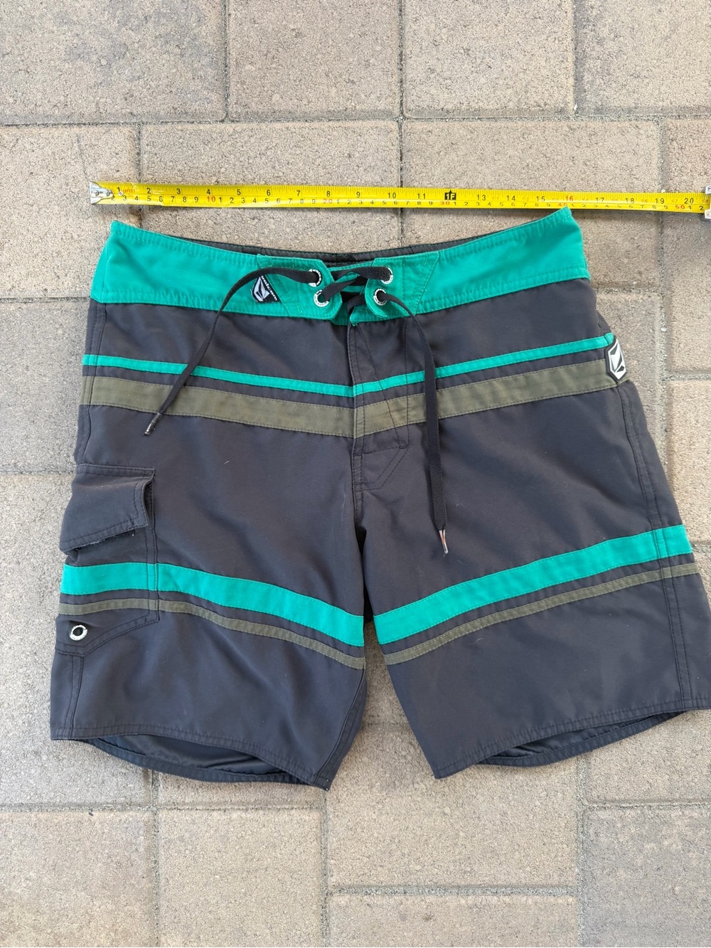 Volcom Black Swim Board Shorts with Teal & Olive Stripes